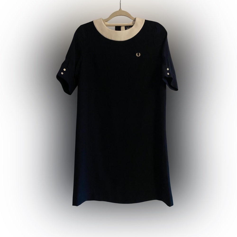 Fred Perry Navy Blue White Collar Button Sleeve Shift Dress Size 10